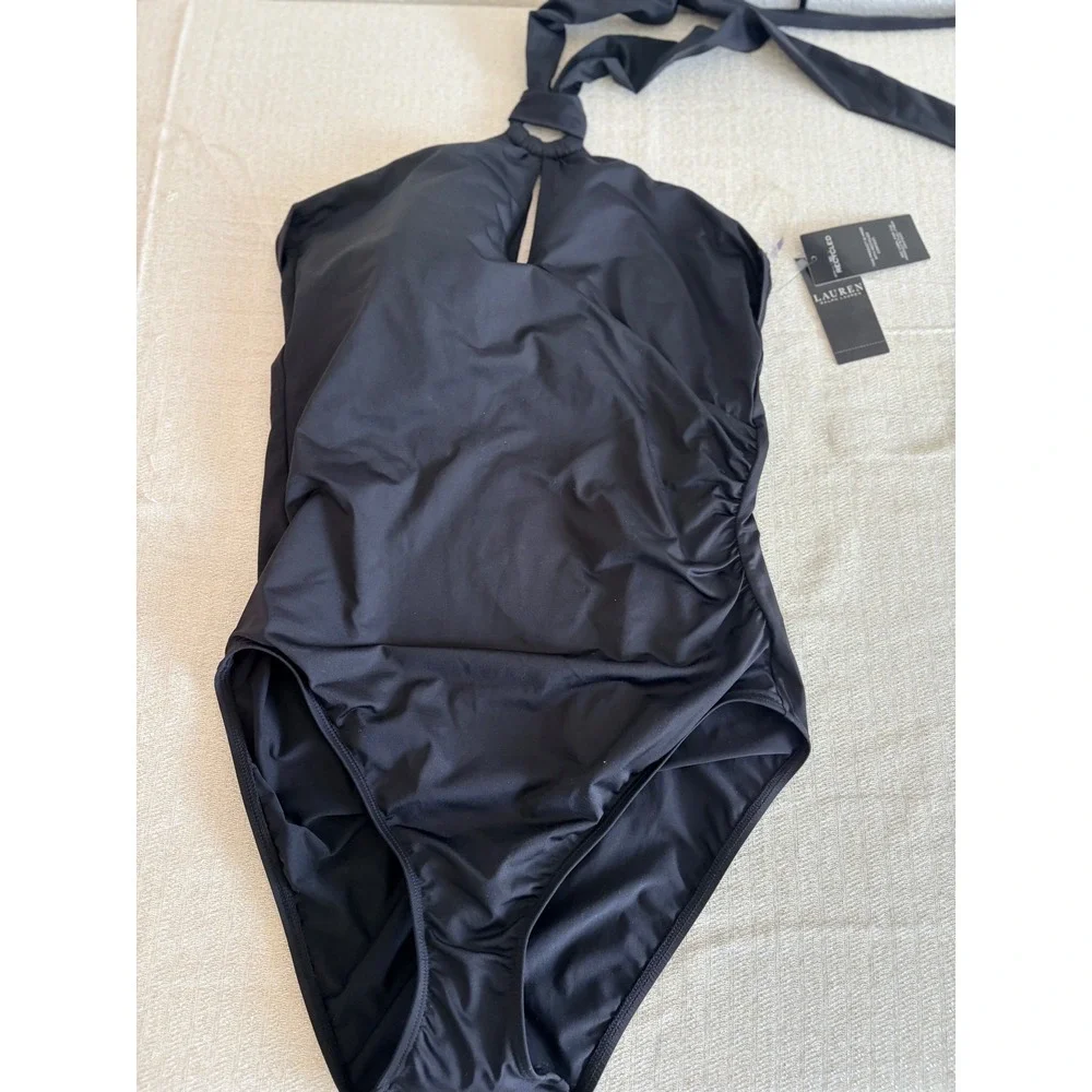 Lauren Ralph Lauren One Piece Swimsuit Womens 14 Black New Halter Ruched Keyhole
